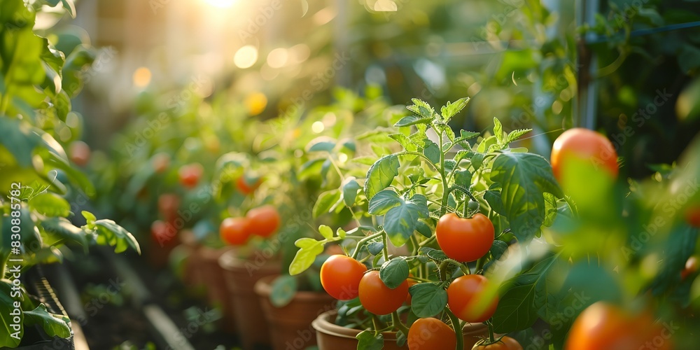 a group of tomatoes growing in a garden setting with sunlight shining through the leaves a group of tomatoes growing in a garden setting with sunlight shining through the leaves