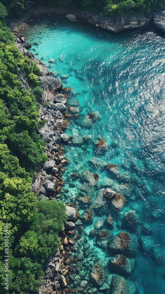 aerial view image of a tranquil ocean shore where the clear turquoise waters gently meet a rocky coastline. The vegetation is lush and green, indicative of a temper, generated with AI