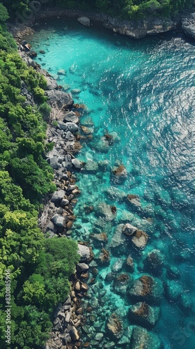 aerial view image of a tranquil ocean shore where the clear turquoise waters gently meet a rocky coastline. The vegetation is lush and green  indicative of a temper  generated with AI