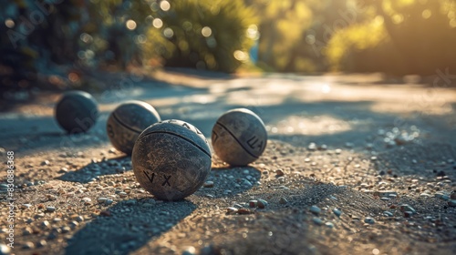 Extra extra close up of three petanque ball on a gravel sand path  marseille vibe  sunlight  captured by a dslr camera  symetrical shot  generated with AI