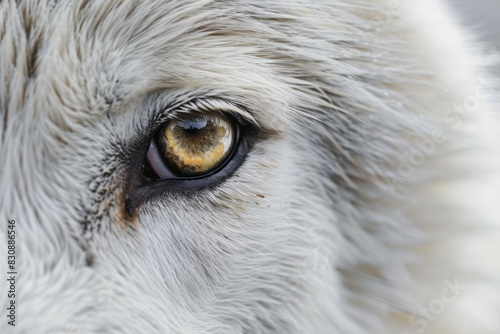 Extremely closeup of a white wolfas eye, generated with AI photo