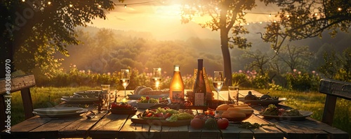 Beautiful outdoor dining setting with a variety of food and drinks on a wooden table during sunset in a scenic countryside landscape.