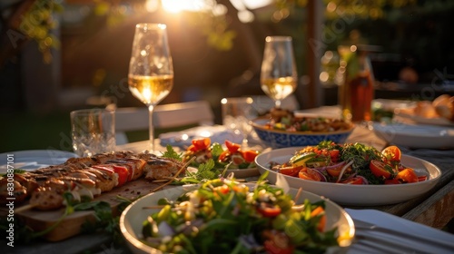 Sunset dinner table with delicious food and drinks  including salads  meat dishes  and wine  set outdoors in a warm  inviting ambiance.