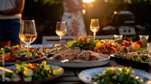A beautifully set outdoor dining table with various types of food and wine glasses  capturing the essence of a summer evening gathering.