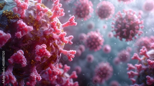 Detailed Microscopic View of Highly Contagious Viral Pathogens with Abstract Pink Hues