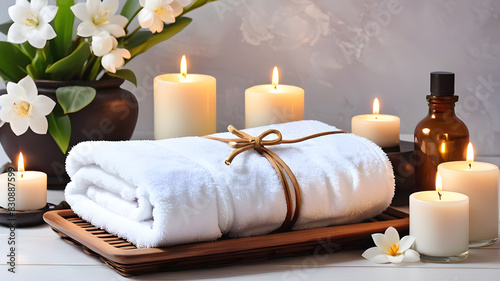 Spa background towel bathroom white luxury concept massage candle bath. Bathroom white wellness spa background towel relax aromatherapy flower accessory zen therapy aroma beauty  Generative AI