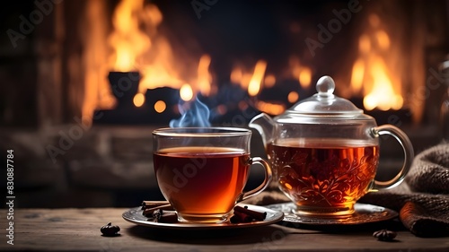 A clear, aromatic cup of hot tea against the backdrop of the fireplace's roaring flames. A warm and inviting home on a chilly, dark winter's evening photo