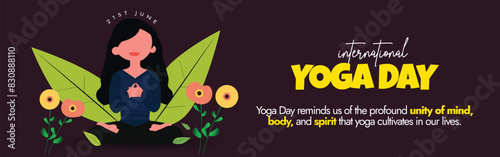 International Yoga day 21st June cover banner, social media post. Yoga day celebration banner with a girl doing Padmasana, sukhasana pose in open air. The theme for 2024 is Yoga for Women Empowerment.