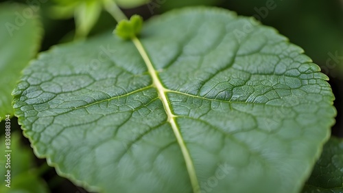 A green leaf has a macrotexture and a lovely symmetrical vein pattern. photo