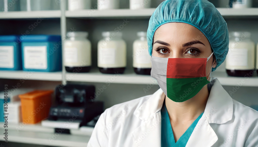 Madagascar doctor wearing medical mask. Madagascar flag print on woman doctor's mask smiling in confidence giving hope Madagascar doctor wearing medical mask. Madagascar flag print on woman doctor's mask smiling in confidence giving hope