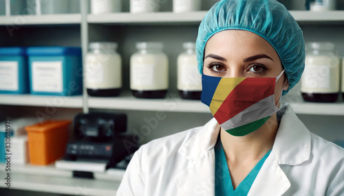 Seychelles doctor wearing medical mask. Seychelles flag print on woman doctor s mask smiling in confidence giving hope