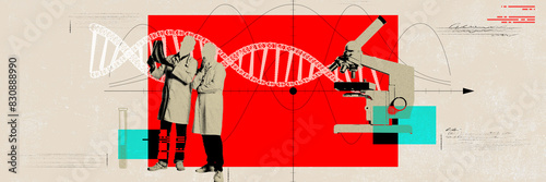 Genetic Research and Collaboration. Modern genetic research, two scientists discussing over DNA helix. Contemporary art collage. Concept of science, innovation, surrealism, modern technologies