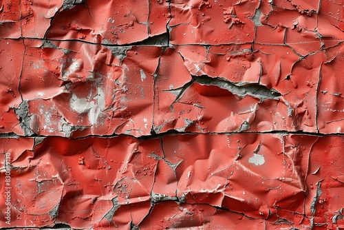 Peeling red paint on a textured wall, showing signs of wear and age.