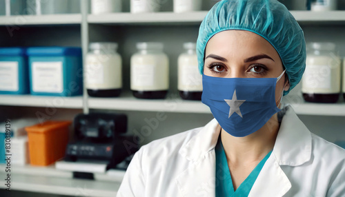 Somalia doctor wearing medical mask. Somalia flag print on woman doctor s mask smiling in confidence giving hope