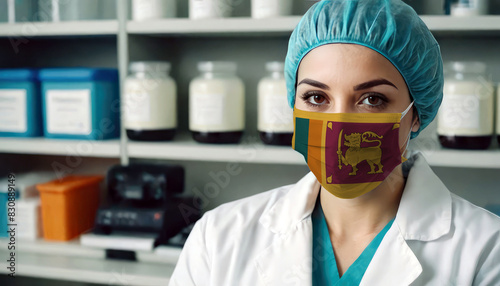 Sri Lanka doctor wearing medical mask. Sri Lanka flag print on woman doctor's mask smiling in confidence giving hope