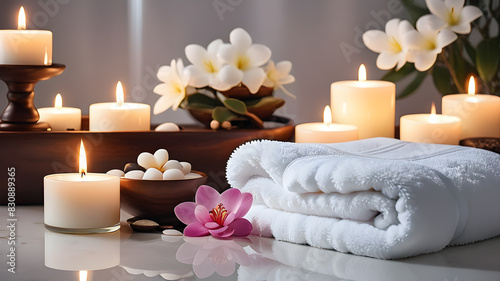 Spa background towel bathroom white luxury concept massage candle bath. Bathroom white wellness spa background towel relax aromatherapy flower accessory zen therapy aroma beauty, Generative AI