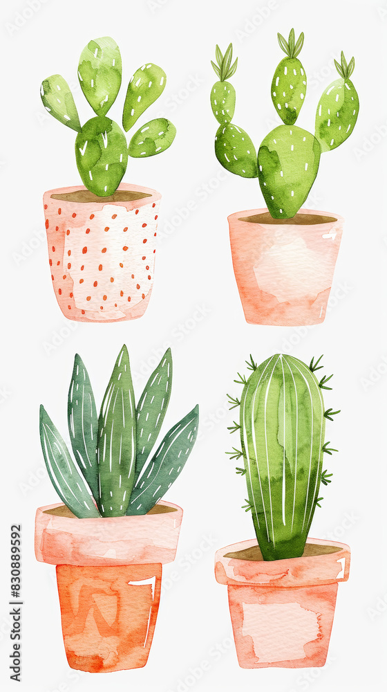 Watercolor set of trendy abstract cacti in beautiful pink pots in pastel colors, clean white background. Generative AI Watercolor set of trendy abstract cacti in beautiful pink pots in pastel colors, clean white background. Generative AI