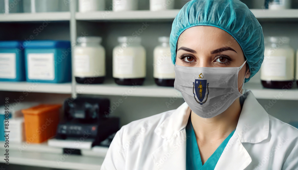 Massachusetts doctor wearing medical mask. Massachusetts flag print on woman doctor's mask smiling in confidence giving hope Massachusetts doctor wearing medical mask. Massachusetts flag print on woman doctor's mask smiling in confidence giving hope