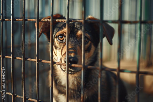 The hopeful eyes of a canine behind metal bars at an animal shelter, waiting for adoption and yearning for a compassionate companion to provide care and protection