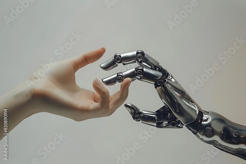 A photorealistic image of a human and a robot working together on a task. The human and robot should be reaching out to touch hands in a moment of mutual respect and understanding © HarisZai-Designs