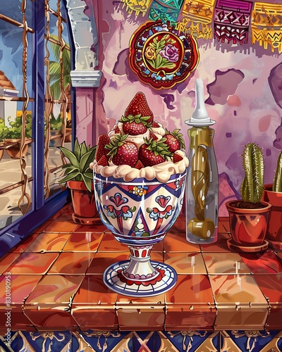 Colorful Mexican dessert with strawberries in traditional pottery on a vibrant tiled countertop with cacti and decorative art. photo