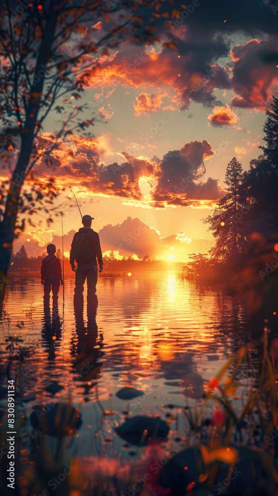 Fototapeta premium Father and Child fishing at Sunset by the Water