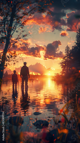 Father and Child  fishing at Sunset by the Water © BigWhiteMocha