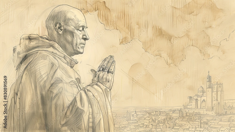 Fototapeta premium Prayer of St. Wilfrid at 7th-Century English Monastery, Biblical Illustration, Beige Background, Copyspace