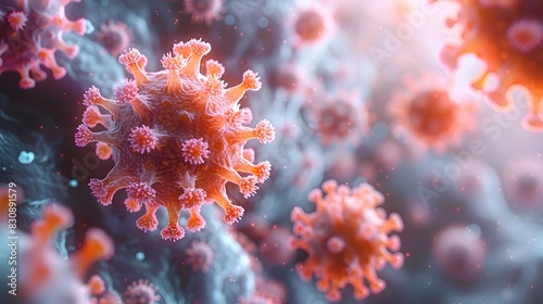 Highly Magnified 3D Rendering of Microscopic Coronavirus Pathogen Causing Global Pandemic © prasong.