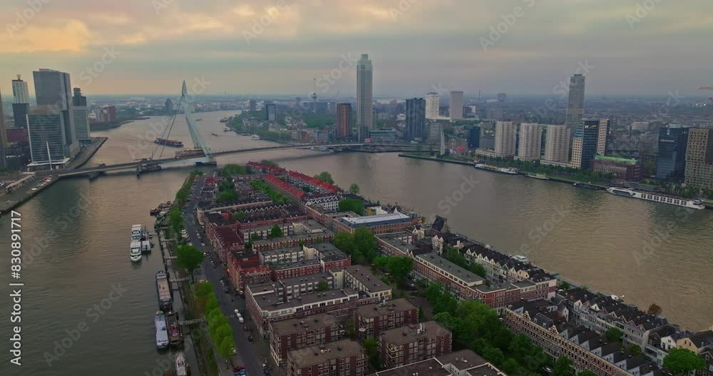 Aerial view of the Erasmus Bridge and the center of Rotterdam, Netherlands