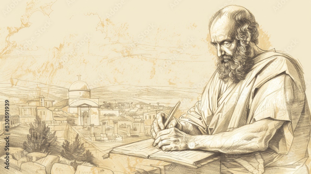 Fototapeta premium Writing of St. Paul the Apostle in 1st-Century Church, Biblical Illustration, Beige Background, Copyspace