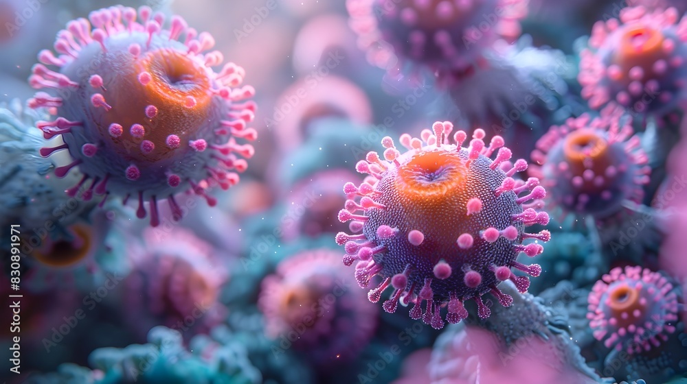Fototapeta premium Intricate Microscopic Virus Particles Magnified in Vibrant Colors Symbolizing the Ongoing Public Health Crisis and Threat of Infectious Disease