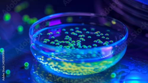 A glass dish with a blue liquid and a lot of small droplets