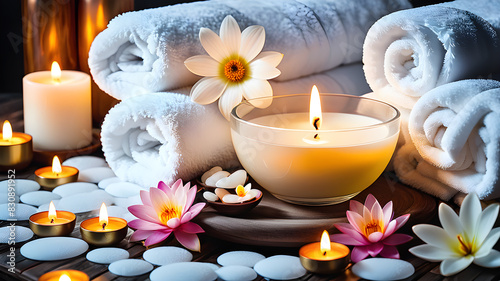 Spa background towel bathroom white luxury concept massage candle bath. Bathroom white wellness spa background towel relax aromatherapy flower accessory zen therapy aroma beauty, Generative AI