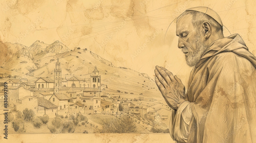 Fototapeta premium Prayer of St. Paschal Baylon at 16th-Century Spanish Village, Biblical Illustration, Beige Background, Copyspace