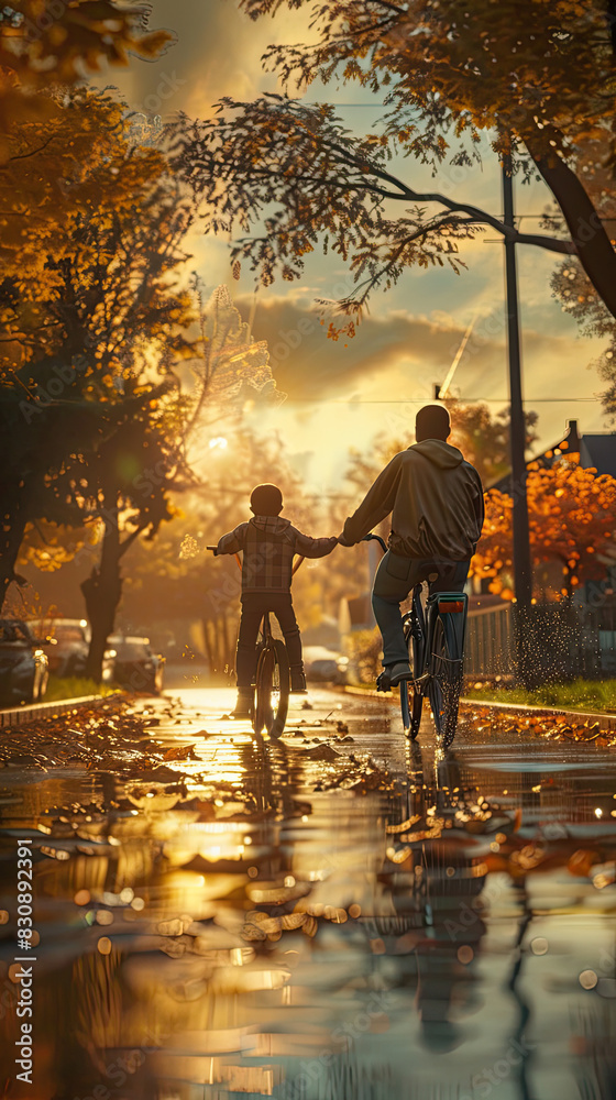 Fototapeta premium Father and Child cycling in Sunlit Autumn Street 