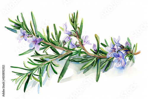 Fototapeta Naklejka Na Ścianę i Meble -  Delicate watercolor painting showcasing a sprig of rosemary with its signature needle-like leaves and dainty blue flowers