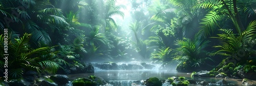 Lush Tropical Rainforest Waterfall Oasis with Tranquil Pond and Misty Atmosphere photo
