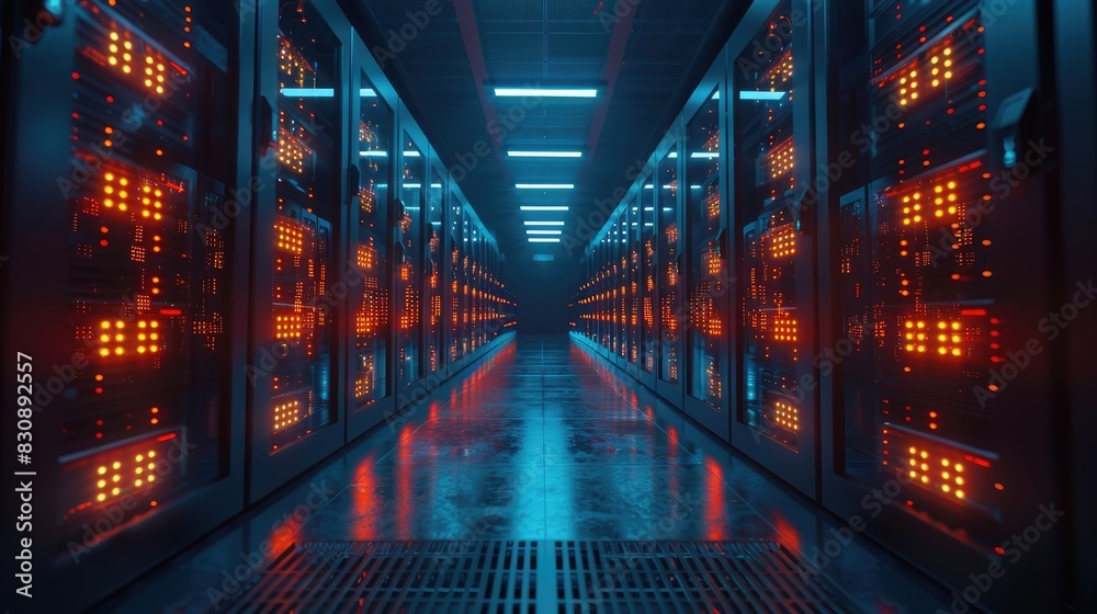 Fototapeta premium High-tech cryptocurrency mining farm in action, rows of mining rigs with pulsating lights in a dark, cool environment