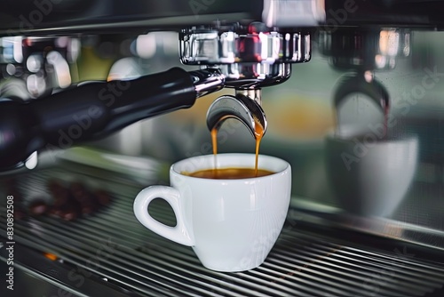 Close-up of a coffee machine at work. coffee flows into a white cup.