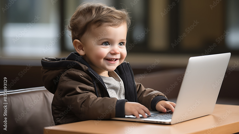Child uses a laptop, looks at the screen. Types on the keyboard Child uses a laptop, looks at the screen. Types on the keyboard