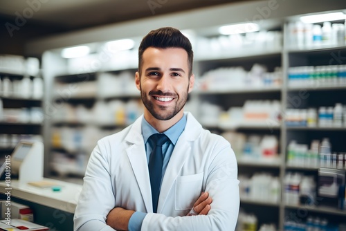 A cheerful young pharmacist stands with his arms crossed in a well-stocked pharmacy
