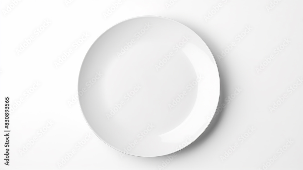 A white empty round plate on a white background, an image with copy space A white empty round plate on a white background, an image with copy space