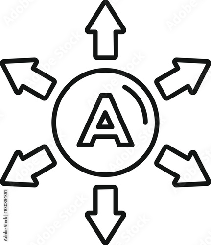 Simple line art depicting a central letter a with arrows pointing in different directions