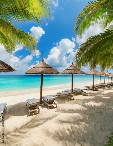 beach with trees beach, palm, sea, tropical, tree, ocean, sand, island, travel, sky, paradise, vacation, water © uzii