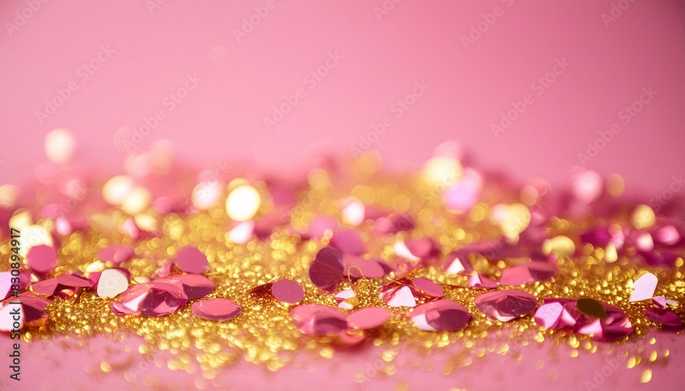 olden pink sparkles on pink background. Light pink minimalistic festive background
