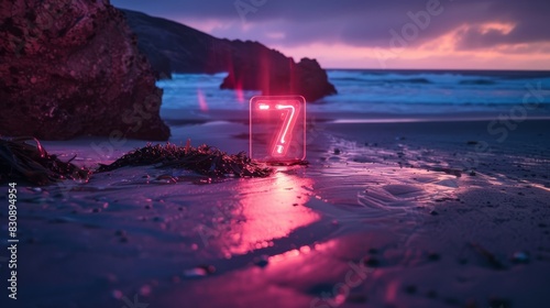 A glowing number 7 is on a beach at sunset photo