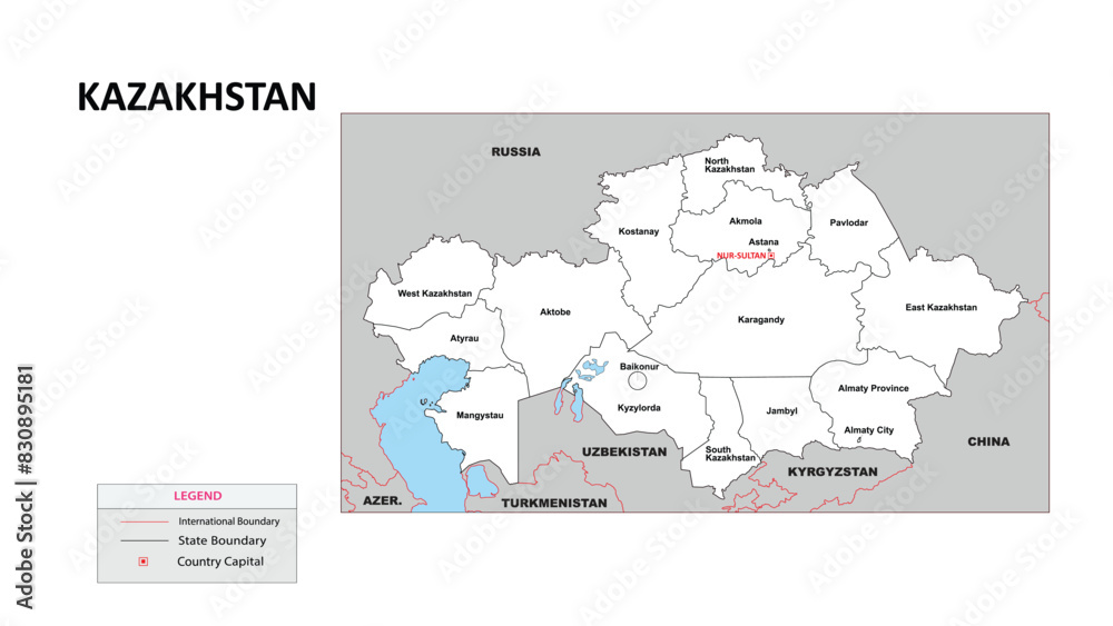 Kazakhstan Map. State map of Kazakhstan. Administrative map of Kazakhstan with state and capital in white color. Kazakhstan Map. State map of Kazakhstan. Administrative map of Kazakhstan with state and capital in white color.