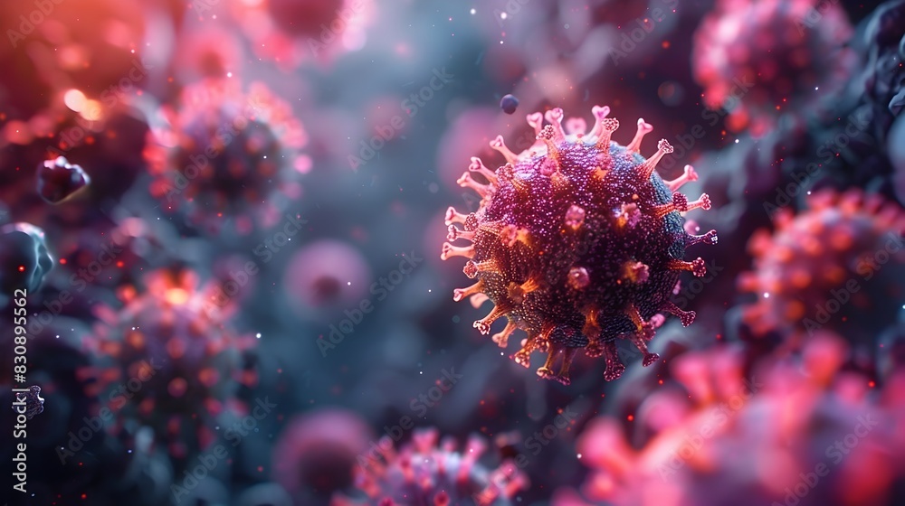 Microscopic View of Contagious Coronavirus Cells in Vibrant Tones