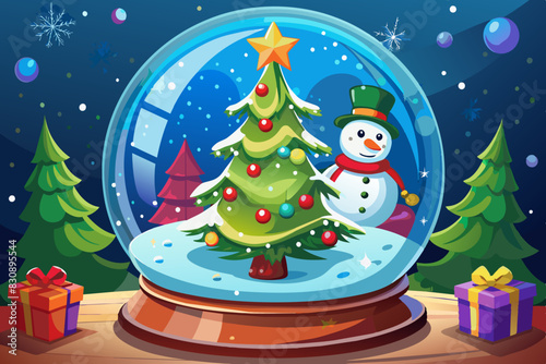 Christmas snow globe with decorated tree and smiling snowman, on a starry night background. Festive illustration of a snow globe with a Christmas tree and joyous snowman. Holiday-themed snow globe